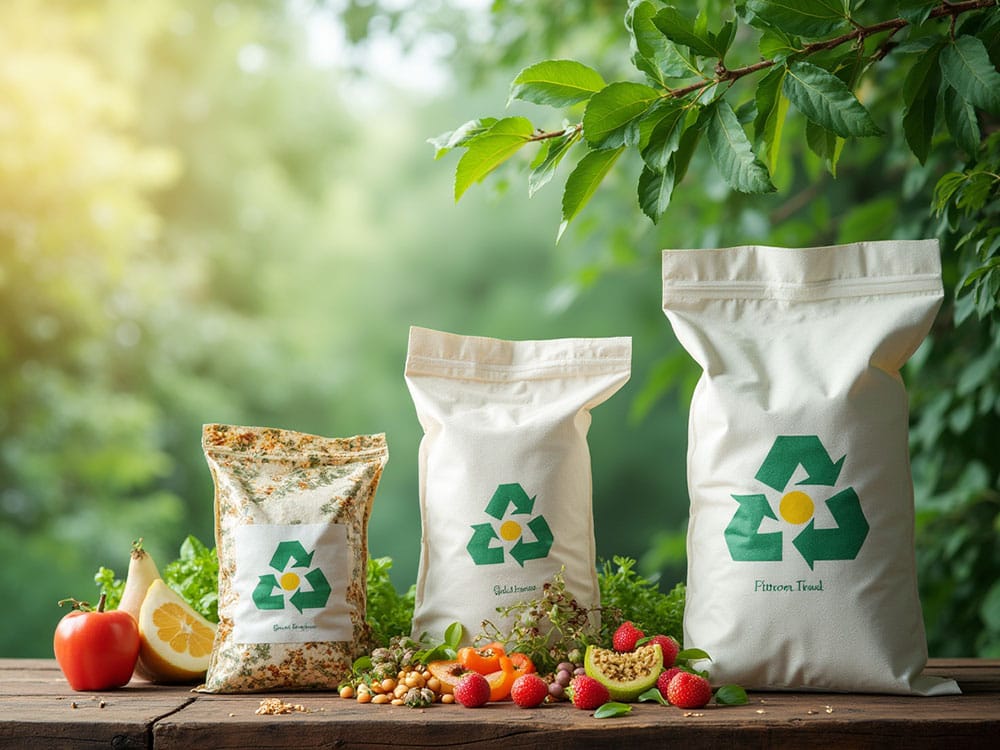 Biodegradable food packaging bags with a recycling symbol, surrounded by fresh fruits and nuts, promoting eco-friendly and sustainable packaging solutions.