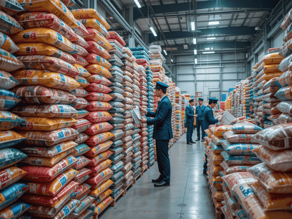 Warehouse with neatly stacked BOPP Laminated PP woven bags, inspected by professionals in uniform for quality assurance.