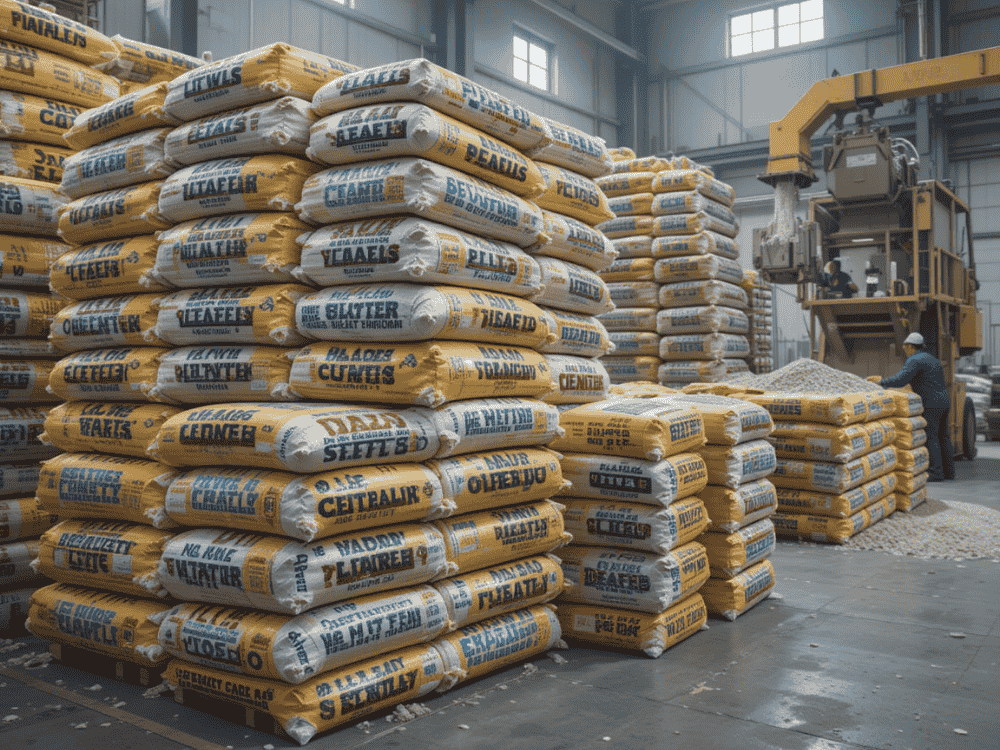 Stacked block bottom bags in a warehouse, showcasing durable and efficient industrial packaging solutions.