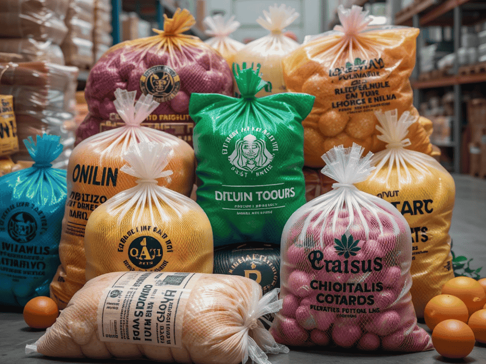 Colorful Leno bags / Mesh bags filled with fresh produce, showcasing breathable and durable packaging for agricultural storage.